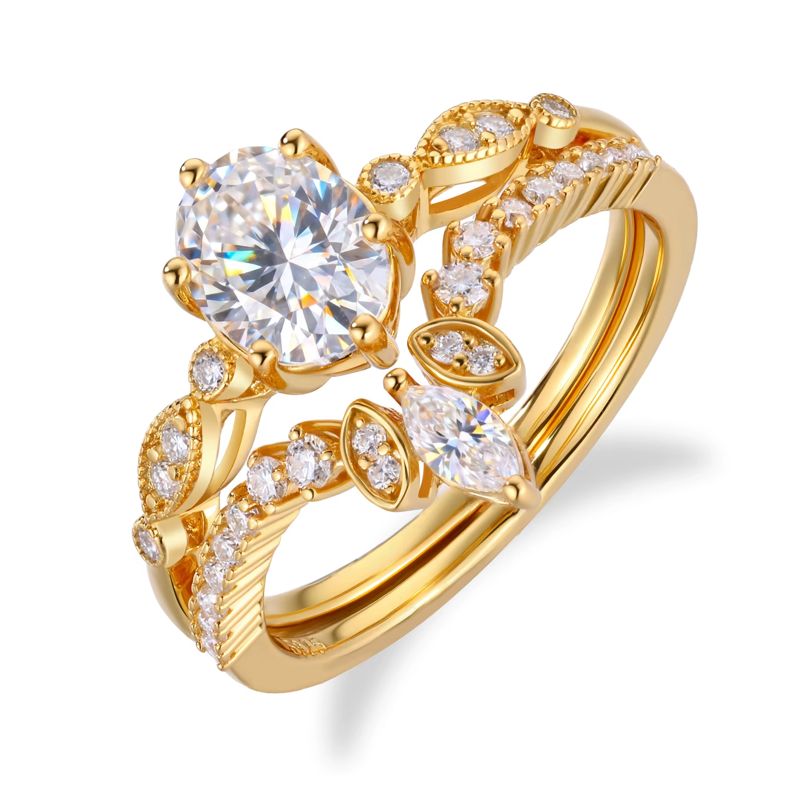 1.5 ct Oval Cut VVS1 Moissanite Two-Piece Bridal Ring | 18K Gold Plated | GRA Certified