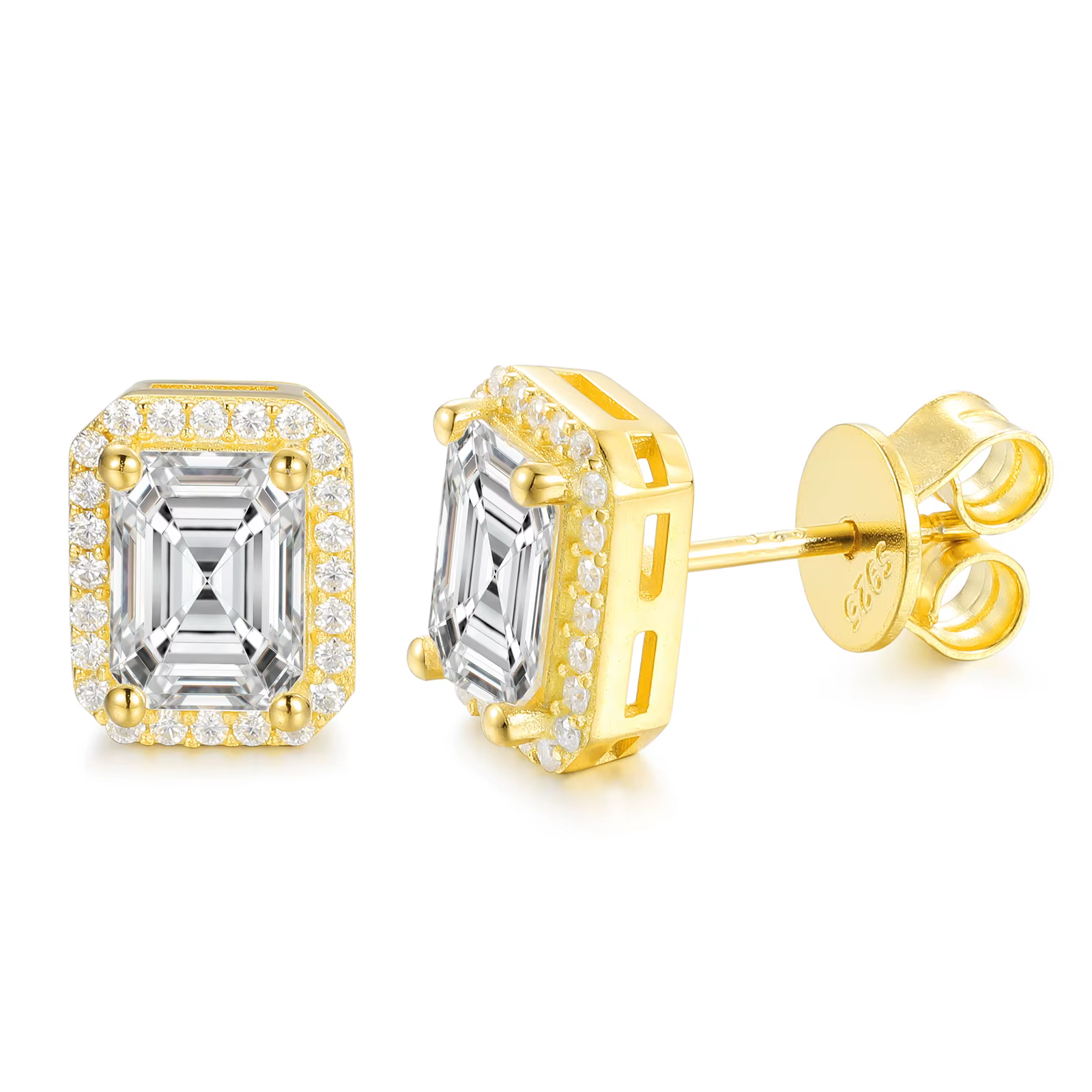 VVS1 Emerald Cut Moissanite Stud Earrings in 18K Gold-Plated Sterling Silver