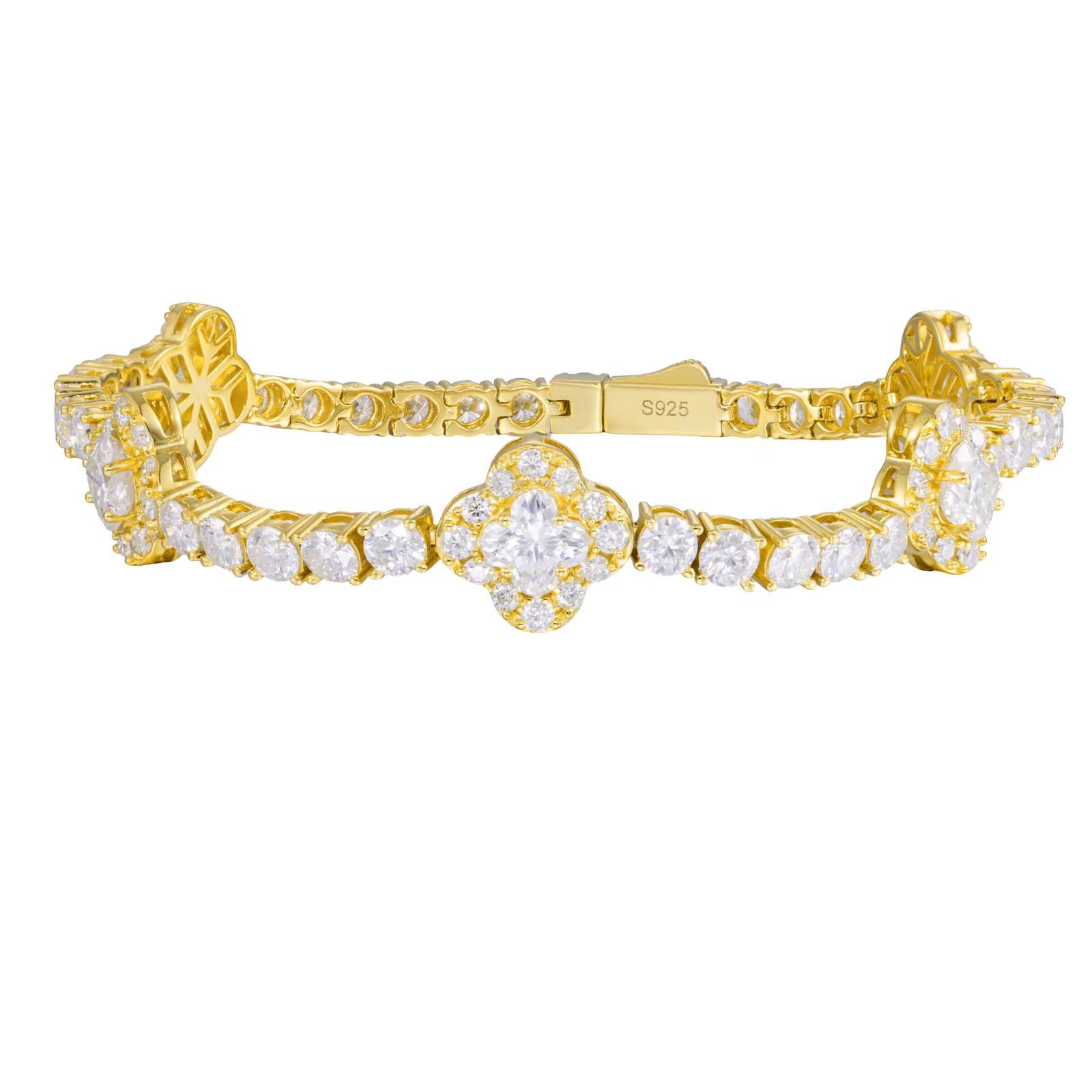 12mm VVS1 D Lily Cut Moissanite Four Leaf Clover 5 Motif Tennis Bracelet | 18K Gold Plated 925 Sterling Silver