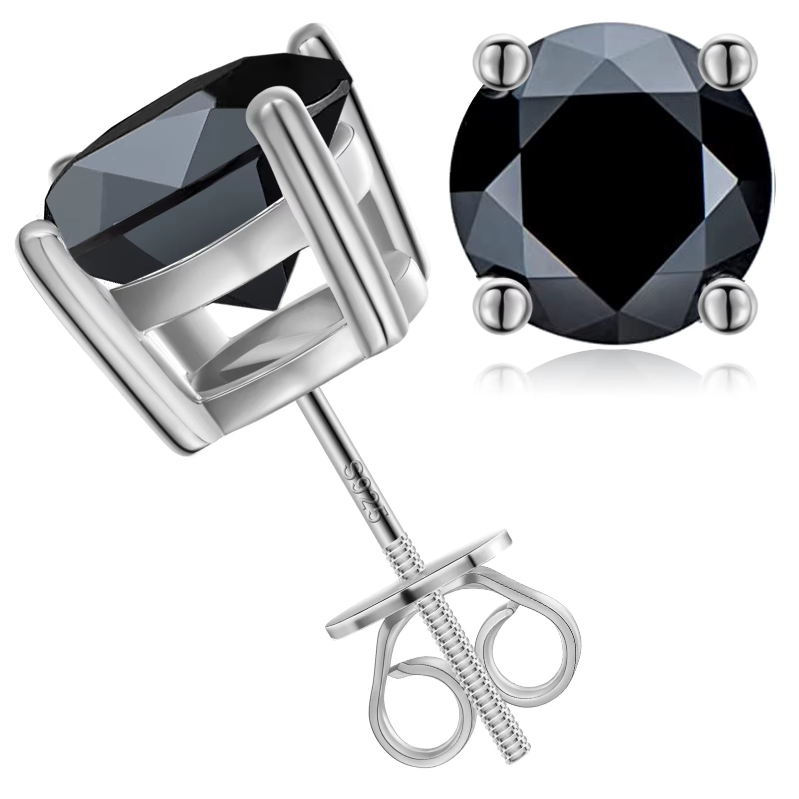 VVS1 Black Moissanite Solitaire Stud Earrings in 18K White Gold Plated S925 Sterling Silver