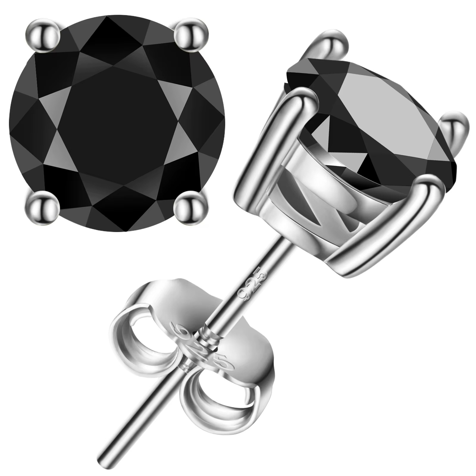 VVS1 Black Moissanite Solitaire Stud Earrings in 18K White Gold Plated S925 Sterling Silver